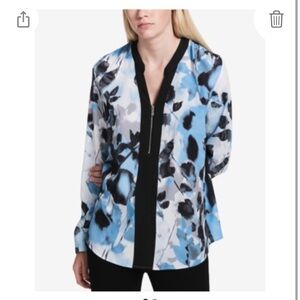 Calvin Klein floral print blouse, blue and white. Roll sleeves, front zip XL NWT